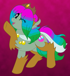 Size: 930x1000 | Tagged: safe, artist:akuoreo, derpibooru import, oc, oc only, earth pony, pony, clothes, crown, eye clipping through hair, female, jewelry, mare, multicolored hair, one eye closed, raised hoof, raised leg, regalia, shoes, solo, wink