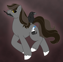 Size: 1000x983 | Tagged: safe, artist:akuoreo, derpibooru import, oc, oc only, bird, earth pony, raven (bird), male, ponytail, quill, solo, stallion, unshorn fetlocks