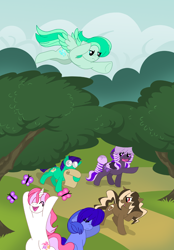 Size: 1042x1500 | Tagged: safe, artist:akuoreo, derpibooru import, oc, oc only, butterfly, earth pony, pegasus, pony, unicorn, adventure, forest, tree