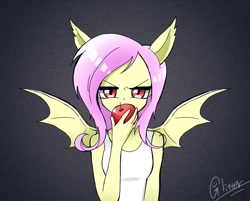 Size: 1024x824 | Tagged: safe, artist:glitterrrrr, derpibooru import, fluttershy, bat pony, equestria girls, apple, bat ponified, flutterbat, food, looking at you, race swap, species swap