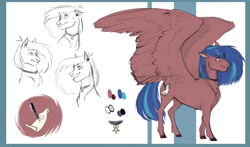 Size: 1561x915 | Tagged: safe, artist:penrosa, derpibooru import, oc, oc only, pegasus, pony, abstract background, bust, choker, female, mare, nose piercing, nose ring, pegasus oc, piercing, reference sheet, smiling, wings