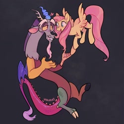 Size: 1440x1440 | Tagged: safe, artist:waackery, derpibooru import, discord, fluttershy, draconequus, pegasus, pony, abstract background, discoshy, eye contact, female, flying, looking at each other, male, mare, shipping, signature, straight