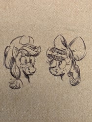 Size: 1512x2016 | Tagged: safe, artist:mellodillo, derpibooru import, apple bloom, applejack, earth pony, pony, apple sisters, bust, duo, female, filly, mare, napkin, siblings, sisters, sketch, traditional art