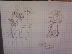 Size: 1280x960 | Tagged: safe, artist:zombietator, derpibooru import, oc, oc only, oc:claire, earth pony, pegasus, pony, duo, earth pony oc, female, graph paper, lineart, mare, pegasus oc, raised hoof, raised leg, surprised, traditional art, wide eyes, wings