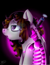 Size: 843x1087 | Tagged: safe, artist:millefaller, derpibooru import, oc, oc only, pegasus, pony, bone, bust, colored wings, drugged, female, injection, mare, pegasus oc, signature, skeleton, solo, syringe, two toned wings, wings