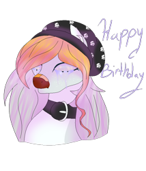 Size: 752x879 | Tagged: safe, artist:aonairfaol, derpibooru import, oc, oc only, pegasus, beanie, bust, collar, crying, female, happy birthday, hat, mare, pegasus oc, simple background, solo, transparent background, wings