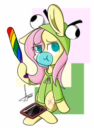 Size: 1013x1366 | Tagged: safe, artist:lavdraws, derpibooru import, fluttershy, pegasus, pony, antonymph, baseball bat, bubblegum, clothes, fluttgirshy, food, gir, gum, hoodie, solo