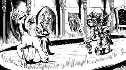 Size: 4256x2364 | Tagged: safe, artist:lexx2dot0, derpibooru import, oc, oc only, oc:blackjack, oc:hades, bat pony, pony, unicorn, fallout equestria, fallout equestria: project horizons, alcohol, armor, black and white, clone, fanfic art, grayscale, horn, monochrome, small horn, sword, weapon