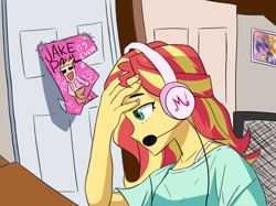 Size: 2174x1623 | Tagged: safe, artist:artiks, derpibooru import, sunset shimmer, equestria girls, gamer, headphones, headset, jake paul, microphone, poster, videogamedunkey