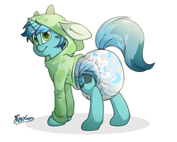 Size: 3186x2560 | Tagged: safe, artist:fluffyxai, derpibooru import, oc, oc:minty breeze, pony, unicorn, bashful, blushing, clothes, diaper, diaper fetish, fetish, hoodie, looking at you, non-baby in diaper, poofy diaper, smiling