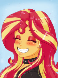 Size: 1500x2000 | Tagged: safe, artist:albertbm, derpibooru import, sunset shimmer, equestria girls, blushing, choker, eyes closed, female, grin, smiling, solo