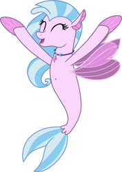 Size: 5000x7045 | Tagged: safe, derpibooru import, screencap, silverstream, seapony (g4), absurd resolution, arms in the air, belly button, cheering, cute, diastreamies, female, happy, jewelry, necklace, pearl necklace, seapony silverstream, simple background, solo, white background