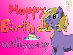 Size: 1600x1200 | Tagged: safe, artist:gray star, derpibooru exclusive, derpibooru import, oc, oc:willowisp, unicorn, :p, balloon, birthday, cake, fangs, food, tongue, tongue out