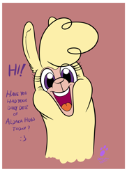 Size: 1304x1787 | Tagged: safe, artist:duragan, derpibooru exclusive, derpibooru import, paprika paca, alpaca, them's fightin' herds, bust, community related, cute, fluffy, imminent hugs, paprika can talk, paprikadorable, question, smiling, talking to viewer