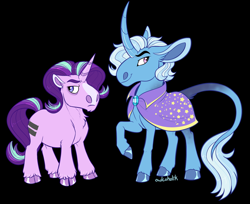 Size: 1500x1224 | Tagged: safe, artist:owlcoholik, derpibooru import, starlight glimmer, trixie, pony, unicorn, black background, chibi, cloven hooves, leonine tail, simple background, tail, unshorn fetlocks