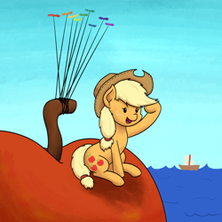 Size: 1500x1500 | Tagged: safe, artist:mkogwheel, applejack, bat, fruit bat, pony, apple, cowboy hat, cute, dot eyes, female, food, giant apple, giant food, hat, jackabetes, james and the giant peach, mare, ocean, ship, sitting, solo