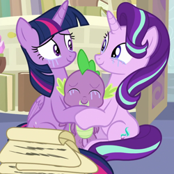 Size: 880x880 | Tagged: safe, edit, edited screencap, editor:undeadponysoldier, screencap, spike, starlight glimmer, twilight sparkle, twilight sparkle (alicorn), alicorn, dragon, pony, unicorn, a horse shoe-in, animated, best friends, best friends until the end of time, crying, cute, daaaaaaaaaaaw, emotional, family, female, glimmerbetes, group hug, happy, heartwarming, hug, male, mare, scroll, spikabetes, spikelove, tears of joy, teary eyes, touching, twiabetes, wholesome, winged spike