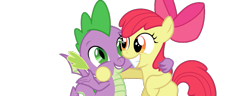 Size: 989x378 | Tagged: safe, artist:cloudyglow, artist:sketchmcreations, edit, editor:undeadponysoldier, apple bloom, spike, dragon, earth pony, pony, :), :d, adorabloom, applelove, arm on shoulder, bipedal, bow, cute, daaaaaaaaaaaw, female, filly, grin, hair bow, happy, hug, hugging, side hug, smiling, spikabetes, spikelove, teeth, they grow up so fast, vector, vector edit, winged spike