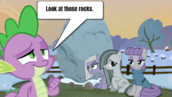 Size: 960x540 | Tagged: safe, edit, editor:undeadponysoldier, limestone pie, marble pie, maud pie, spike, series:spikebob scalepants, animated, animated comic, boulder, employee of the month, limestone is not amused, pc game, pun, reference, rock, speech bubble, spongebob reference, spongebob squarepants, unamused, winged spike