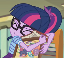 Size: 1643x1491 | Tagged: safe, derpibooru import, screencap, sci-twi, twilight sparkle, better together, equestria girls, the last day of school, book, cropped, solo, wavy mouth