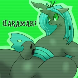 Size: 500x500 | Tagged: safe, artist:kushina13, derpibooru import, queen chrysalis, changeling, changeling queen, fangs, featureless crotch, female, haramaki, lidded eyes, solo