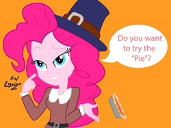 Size: 2024x1515 | Tagged: safe, artist:dashdeviant, derpibooru import, pinkie pie, equestria girls, bedroom eyes, food, innuendo, orange background, pie, pilgrim outfit, simple background, solo, talking to viewer