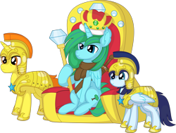 Size: 9015x6810 | Tagged: safe, artist:cyanlightning, derpibooru import, oc, oc only, oc:winter leaf, alicorn, pegasus, pony, unicorn, .svg available, absurd resolution, clothes, crown, female, guardsmare, jewelry, male, mare, regalia, royal guard, scepter, simple background, stallion, throne, transparent background, vector
