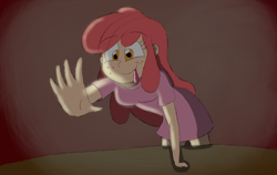 Size: 1624x1024 | Tagged: safe, artist:uslessdoodler, derpibooru import, apple bloom, human, clothes, dress, exploitable meme, humanized, meme, solo, sunset shimmer reaching for things, tongue, tongue out