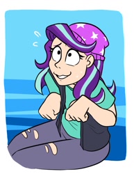 Size: 684x888 | Tagged: safe, artist:redxbacon, derpibooru import, starlight glimmer, equestria girls, beanie, clothes, female, grin, hat, human coloration, nervous, nervous grin, shirt, smiling, solo, sweat, torn clothes