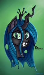 Size: 2388x4096 | Tagged: safe, artist:ingolf arts, derpibooru import, queen chrysalis, changeling, changeling queen, angry, bust, crown, cute, evil, fangs, female, growling, high res, jewelry, looking at you, portrait, regalia, signature, simple background, slit eyes, solo