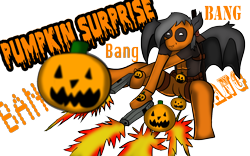 Size: 1440x900 | Tagged: safe, artist:tranzmuteproductions, derpibooru import, oc, anthro, bat pony, unguligrade anthro, bat pony oc, clothes, cosplay, costume, deadpool, gun, halloween, holiday, jack-o-lantern, male, mask, pumpkin, simple background, solo, transparent background, weapon