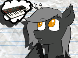 Size: 1024x768 | Tagged: safe, artist:tranzmuteproductions, derpibooru import, oc, oc only, bat pony, pony, bat pony oc, bust, keyboard, lined paper, male, slit eyes, solo, stallion, thinking, thought bubble