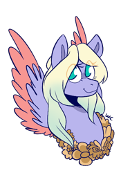 Size: 434x578 | Tagged: safe, artist:waackery, derpibooru import, oc, oc only, pegasus, pony, bust, colored wings, eye clipping through hair, eyelashes, female, floral head wreath, flower, mare, pegasus oc, signature, simple background, smiling, solo, transparent background, two toned wings, wings