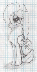 Size: 809x1543 | Tagged: safe, artist:zombietator, derpibooru import, oc, oc only, oc:claire, pegasus, pony, eyelashes, female, glasses, graph paper, hair over one eye, lineart, mare, pegasus oc, sad, traditional art