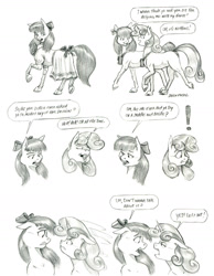 Size: 1100x1416 | Tagged: safe, artist:baron engel, derpibooru import, apple bloom, sweetie belle, earth pony, pony, unicorn, female, filly, monochrome, pencil drawing, story included, traditional art