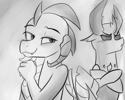 Size: 1280x1024 | Tagged: safe, artist:zouyugi, derpibooru import, princess ember, thorax, changedling, changeling, dragon, blushing, crossed hooves, dragoness, embrax, female, grayscale, grin, king thorax, male, monochrome, shipping, smiling, smug, straight, tsundere