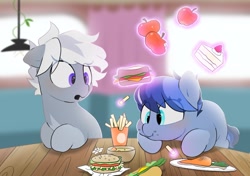 Size: 2064x1457 | Tagged: safe, artist:mochi_nation, derpibooru import, oc, oc only, earth pony, pony, apple, burger, cake slice, carrot, food, french fries, hay burger