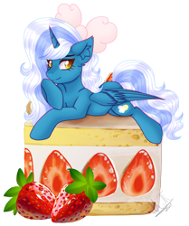 Size: 2106x2524 | Tagged: safe, artist:greenmarta, derpibooru import, oc, oc only, oc:fleurbelle, alicorn, pony, alicorn oc, bow, cake, ear fluff, ears, female, folded wings, food, hair bow, high res, horn, lying down, mare, prone, signature, simple background, smiling, strawberry, transparent background, wings