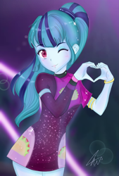 Size: 1181x1748 | Tagged: safe, artist:namieart, derpibooru import, sonata dusk, equestria girls, base used, clothes, cute, dress, female, heart, heart hands, one eye closed, solo, sonatabetes, sparkly hair, taco dress, wink