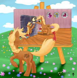 Size: 2137x2161 | Tagged: safe, artist:smilodonkahn, derpibooru import, derpy hooves, pinkie pie, oc, oc:brushstroke, earth pony, easel, female, meadow, mouth hold, paintbrush, painting, solo