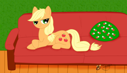 Size: 800x464 | Tagged: safe, artist:smilodonkahn, derpibooru import, applejack, earth pony, pony, female, sofa, solo