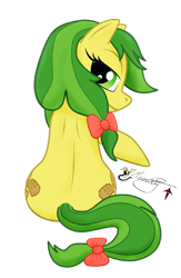 Size: 325x500 | Tagged: safe, artist:smilodonkahn, derpibooru import, apple fritter, earth pony, pony, apple family member, both cutie marks, bow, female, green eyes, hair bow, looking back, mare, rear view, signature, simple background, sitting, solo, tail, tail bow, transparent background, two toned mane, two toned tail