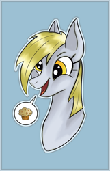 Size: 2677x4162 | Tagged: safe, artist:heatherberserker, derpibooru import, derpy hooves, pegasus, pony, bust, female, food, muffin, simple background, solo