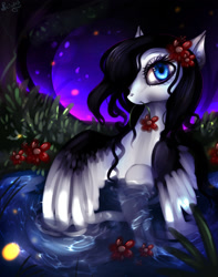 Size: 1280x1625 | Tagged: safe, artist:rocioam7, derpibooru import, oc, oc only, pegasus, pony, bathing, female, flower, flower in hair, flower in mouth, mouth hold, solo, wet, wet mane