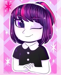 Size: 719x882 | Tagged: safe, artist:twiliysa, derpibooru import, twilight sparkle, human, abstract background, humanized, one eye closed, solo, wink