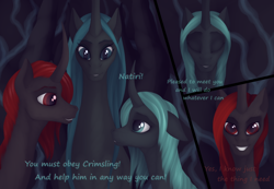 Size: 4900x3400 | Tagged: safe, artist:ghost3280, derpibooru import, queen chrysalis, oc, oc:crimsling, oc:natiri, changeling, changeling queen, changeling oc, curved horn, ears, eyes closed, female, floppy ears, grin, horn, long mane, red changeling, rule 63, smiling