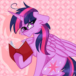 Size: 2000x2000 | Tagged: safe, artist:sherlockett, derpibooru import, twilight sparkle, twilight sparkle (alicorn), alicorn, pony, abstract background, book, female, glasses, solo