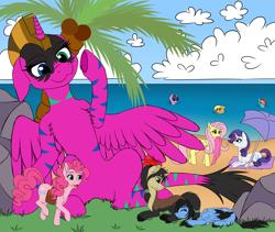 Size: 6358x5373 | Tagged: safe, artist:starshade, derpibooru import, applejack, fluttershy, pinkie pie, rainbow dash, rarity, twilight sparkle, oc, oc:felron fordeus, oc:siana floral, alicorn, earth pony, pegasus, pony, unicorn, 2021, alicorn oc, beach, cloud, commission, cutie mark, female, full body, grass, horn, lightly watermarked, lying down, male, mare, ocean, palm, palm tree, pegasus oc, prone, rock, sand, sketch, sky, smiling, stallion, stone, tree, umbrella, unicorn oc, watermark, wings, ych example, ych result, ych sketch, your character here