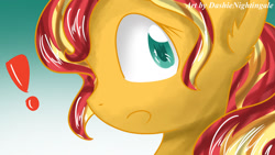 Size: 1280x720 | Tagged: safe, artist:dashienightingale, derpibooru import, sunset shimmer, pony, fanfic:raised in hate, audio drama, exclamation point, female, solo, surprised