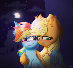 Size: 2620x2435 | Tagged: safe, artist:galaxy swirl, derpibooru import, applejack, rainbow dash, earth pony, pegasus, pony, appledash, cloud, cute, female, lesbian, mare, moon, night, shipping, smiling, stars